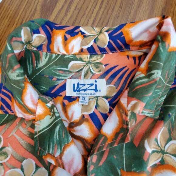 Uzzi Mens XL Hawaiian Floral Short Sleeve Shirt Green/Orange Tropical Button-Up - Picture 3 of 10